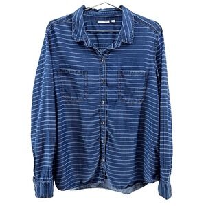 HALOGEN Long Sleeve Button Up Denim Shirt - Women's XL - blue striped -‎ Tencel